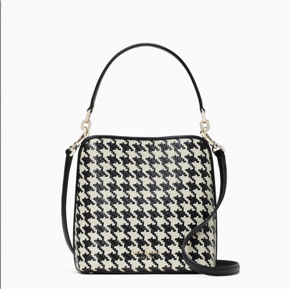 KATE SPADE Black & White Woven Houndstooth Darcy Crossbody Bucket Bag